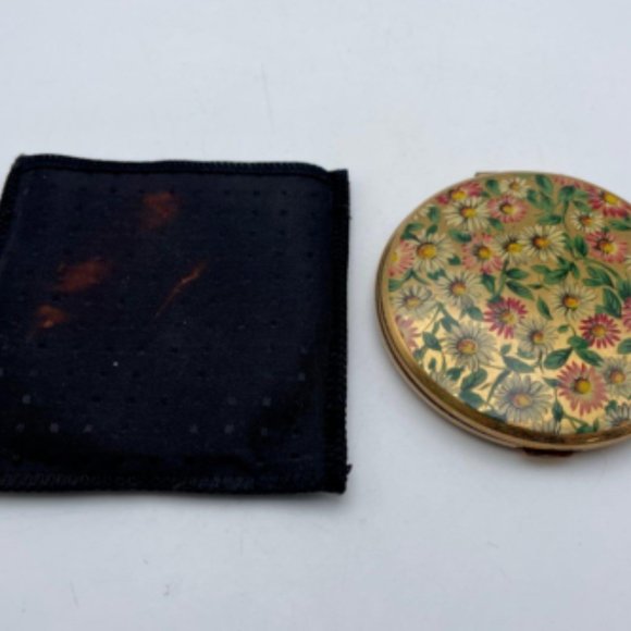 Vintage Kigu of London Golden Floral Style Round Folding Compact Mirror w/ Case - Picture 6 of 6